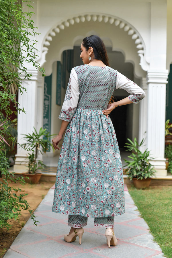Mint Glory Mul Handblock Kurta and Pant Only