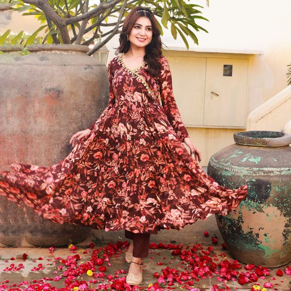 Bahni Brown Floral Print Angrakha Neck Anarkali Kurta Pant set