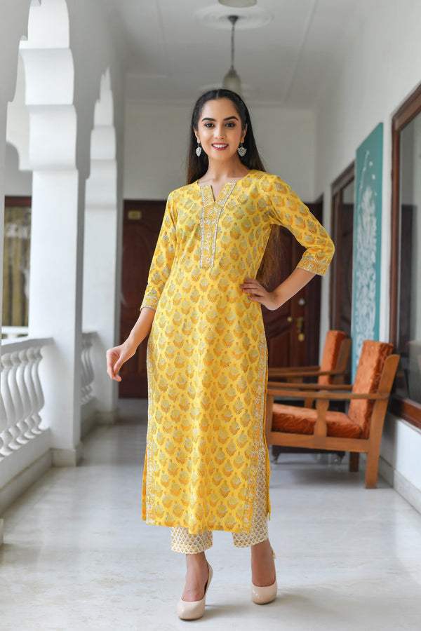 Yellow Desire Mul Handblock Kurta and Pant Only