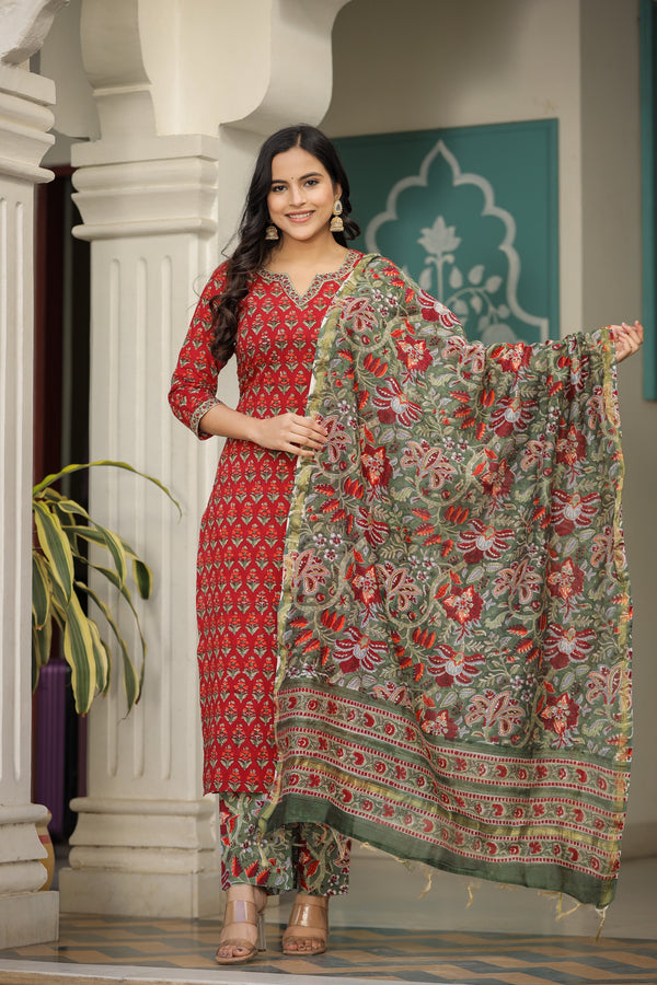Red Chakori Straight Chanderi Dupatta Suit Set