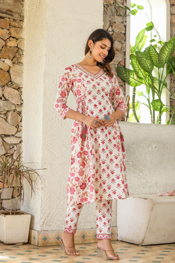 RED APPLIQUE HANDWORK COTTON KURTA PANT ONLY