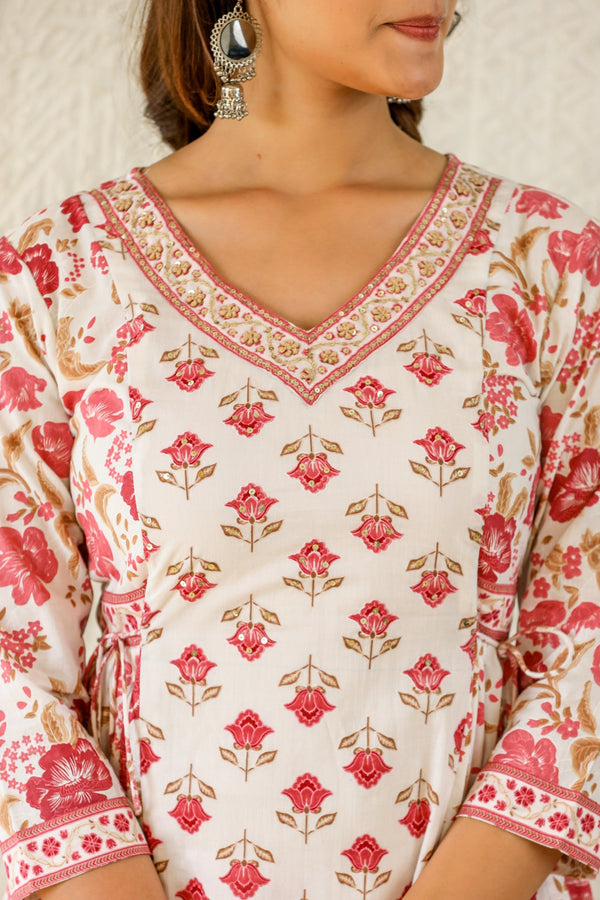 RED APPLIQUE HANDWORK COTTON KURTA PANT ONLY