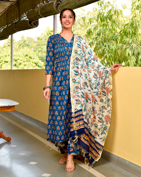 Bashir Blue Handblock Cotton Pleated Straight Suit Set