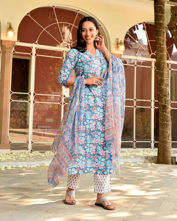 Banni Blue Cotton Straight Suit Set