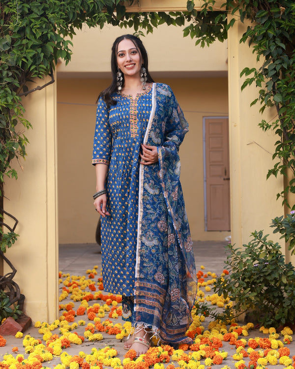 Badrah Blue Handblock Cotton Pleated Straight Suit Set