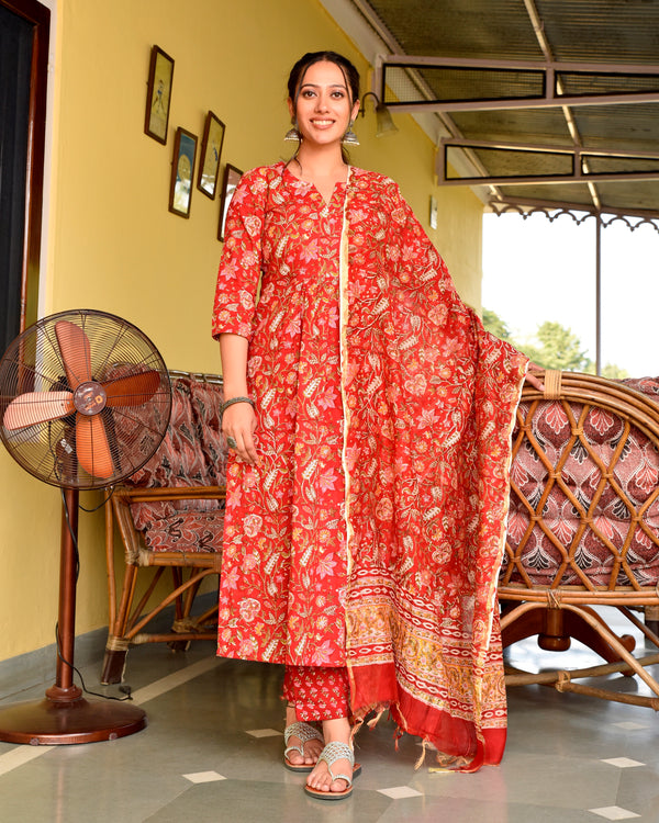 Ranu Red Handblock Cotton Straight Suit Set