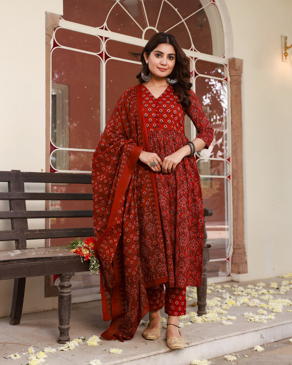 Mehreen Maroon Anarkali Cotton Suit Set