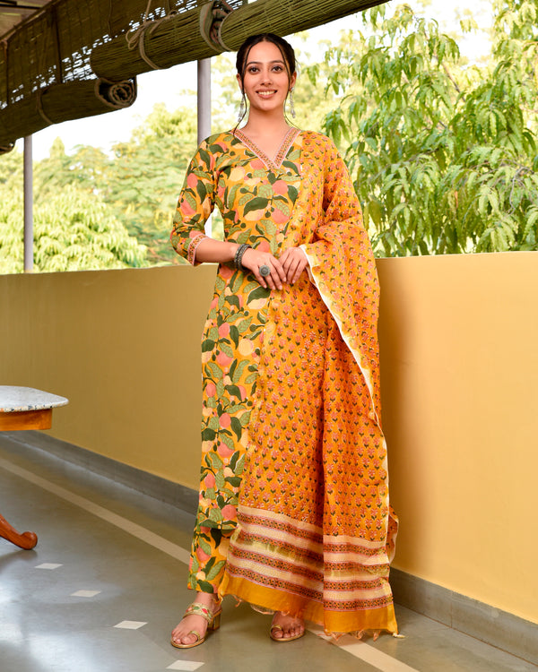 Yaseera Yellow Hand Block Cotton Straight Suit Set