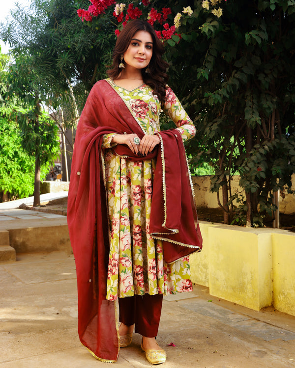 Gulnoor Olive Green Embroidered Anarkali Suit Set