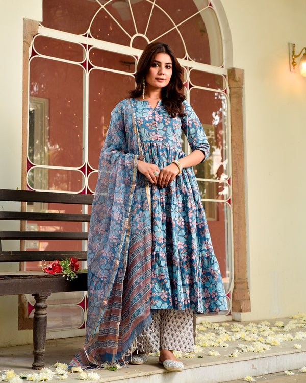 Begu Blue Floral Anarkali Suit Set