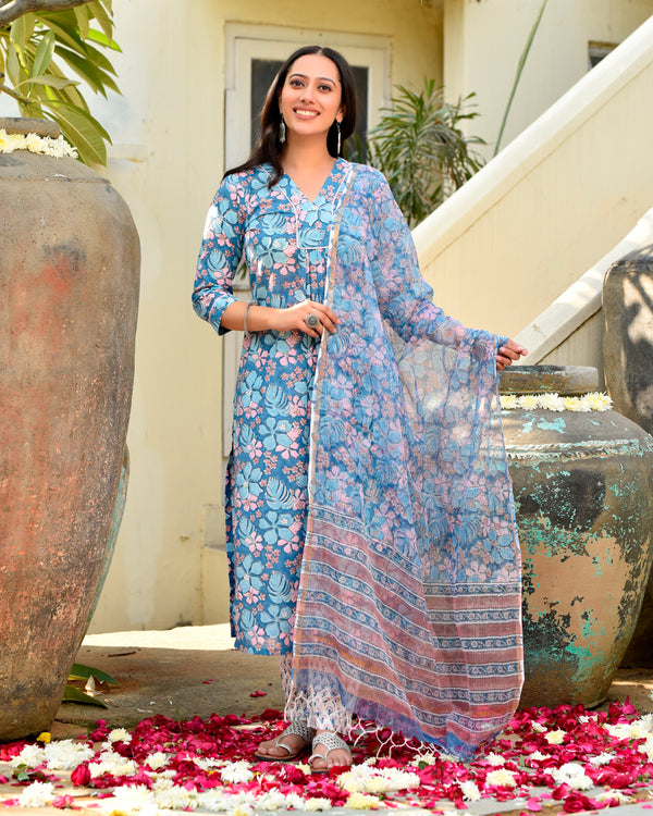 Badra Blue Floral Cotton Suit Set