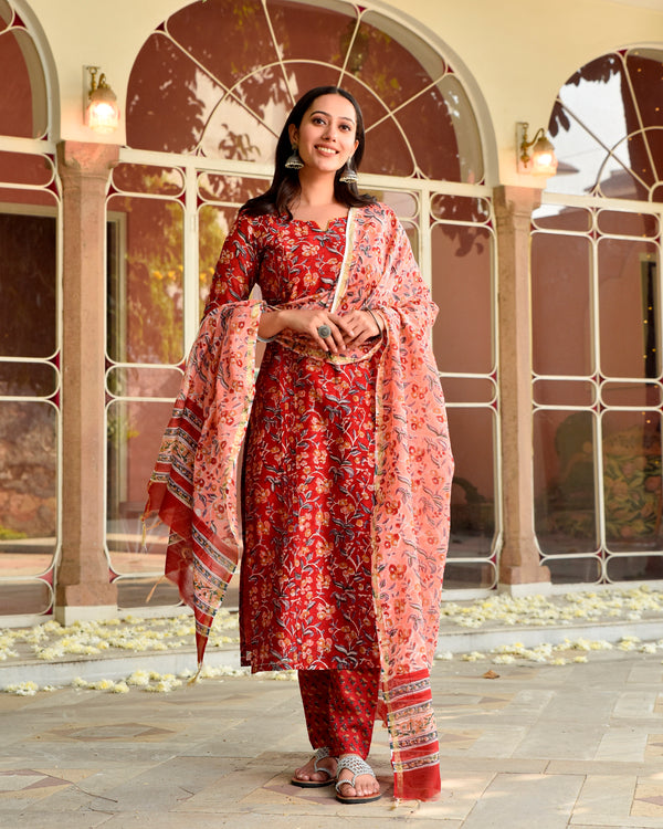 Roze Red Handblock Chanderi Straight Suit Set