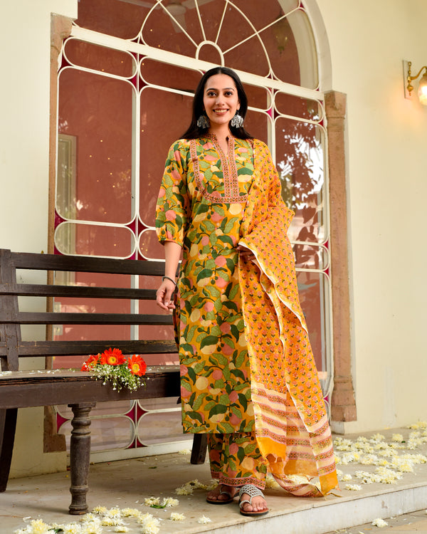 Yamna Yellow Hand Block Print Cotton Suit Set