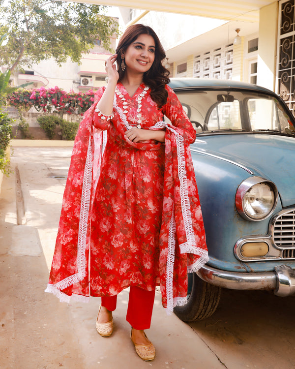 Ramya Red Floral Straight Fit Suit Set