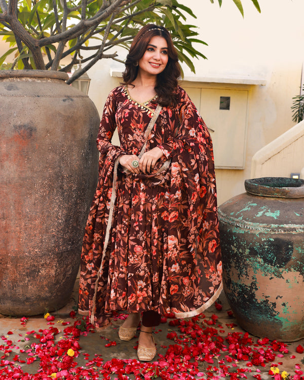 Bahni Brown Floral Print Angrakha Neck Anarkali Suit Set