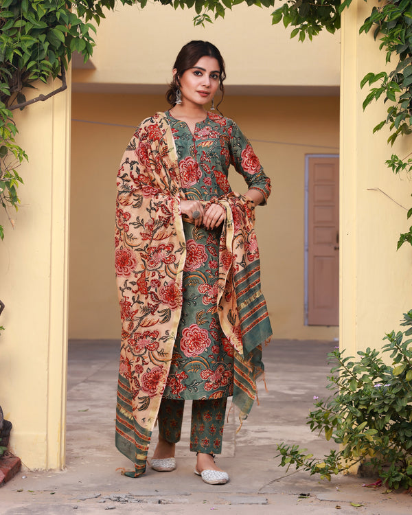 Goel Green Handblock Pintuck Straight Chanderi Suit Set