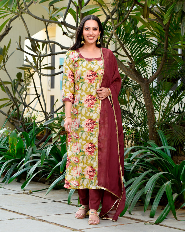 Gulbano Olive Green Floral Straight Suit Set