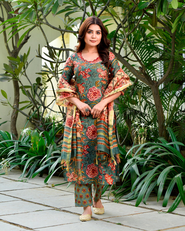 Gaeti Green Embroidery Handblock Chanderi Suit Set