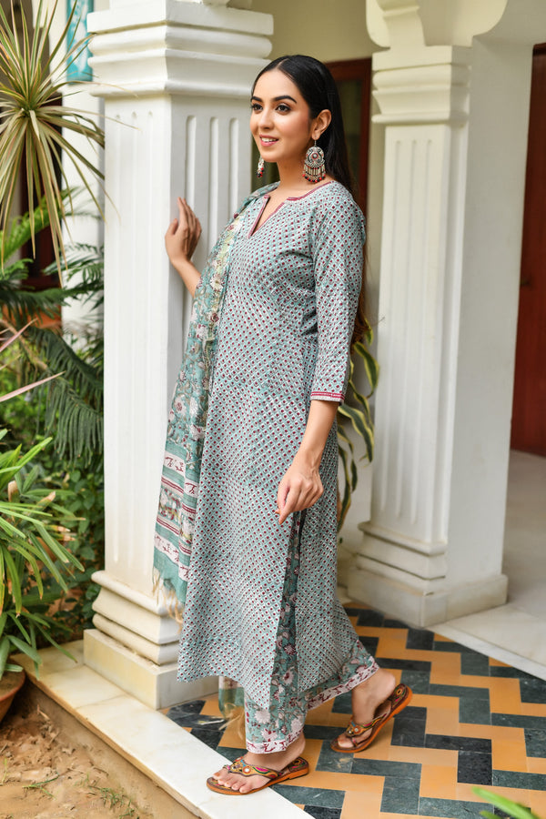 Sage Green Handblock Printed Suit Set