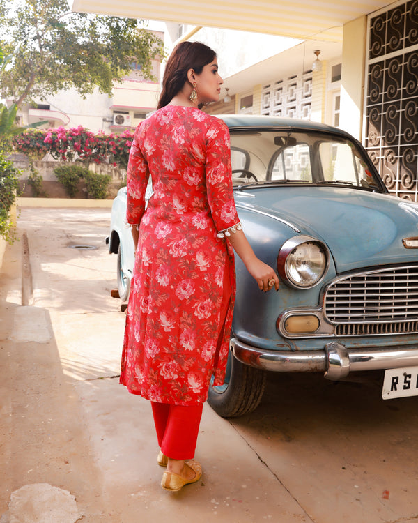 Ramya Red Floral Straight Fit Suit Set