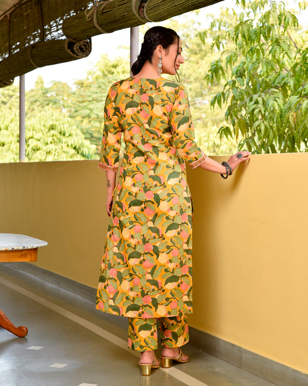 Yaseera Yellow Hand Block Cotton Straight Suit Set