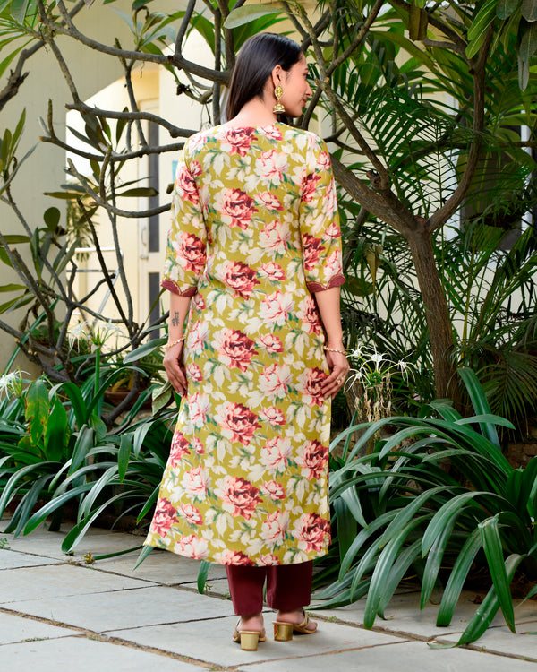 Gulbano Olive Green Floral Straight Suit Set