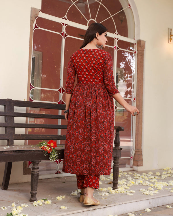 Mehreen Maroon Anarkali Cotton Kurta Pant Set