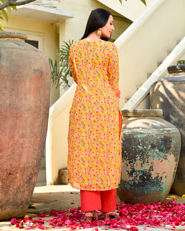 Yesha Yellow Floral Straight Fit Suit Set
