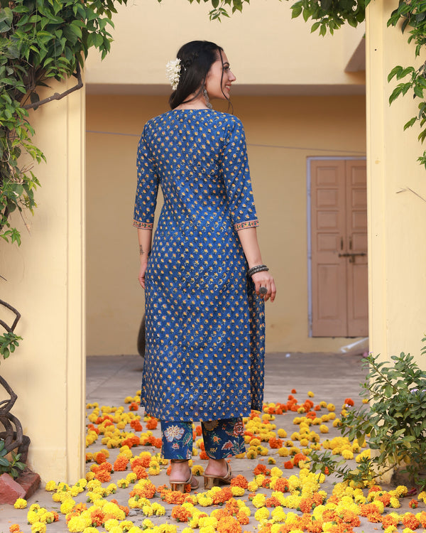 Badrah Blue Handblock Cotton Pleated Straight Suit Set