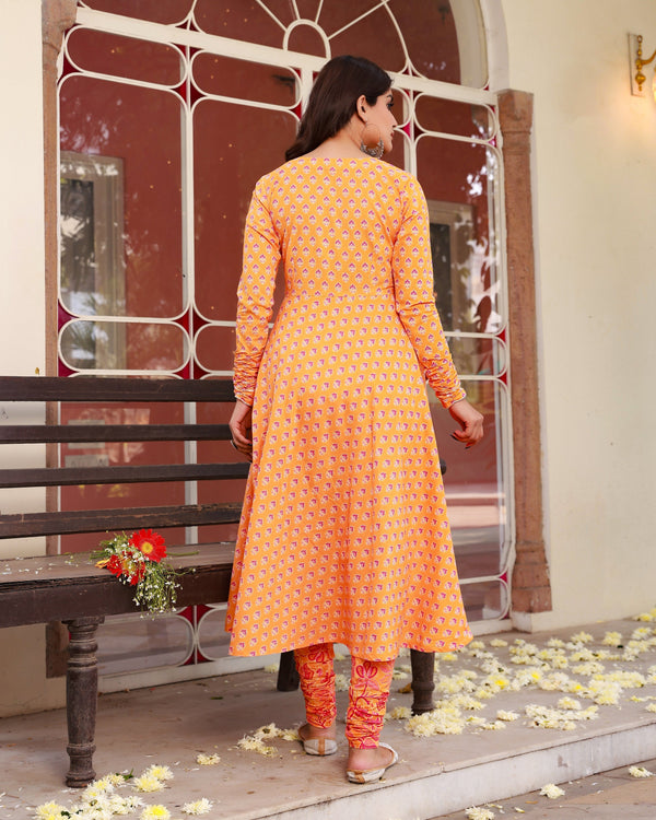 Omani Orange Cotton Anarkali  Kurta Pant Set