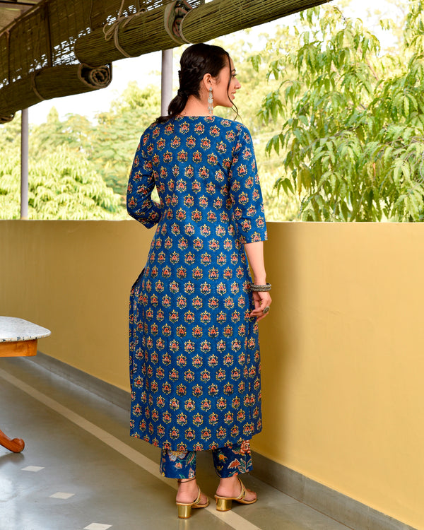 Bashir Blue Handblock Cotton Pleated Straight Suit Set