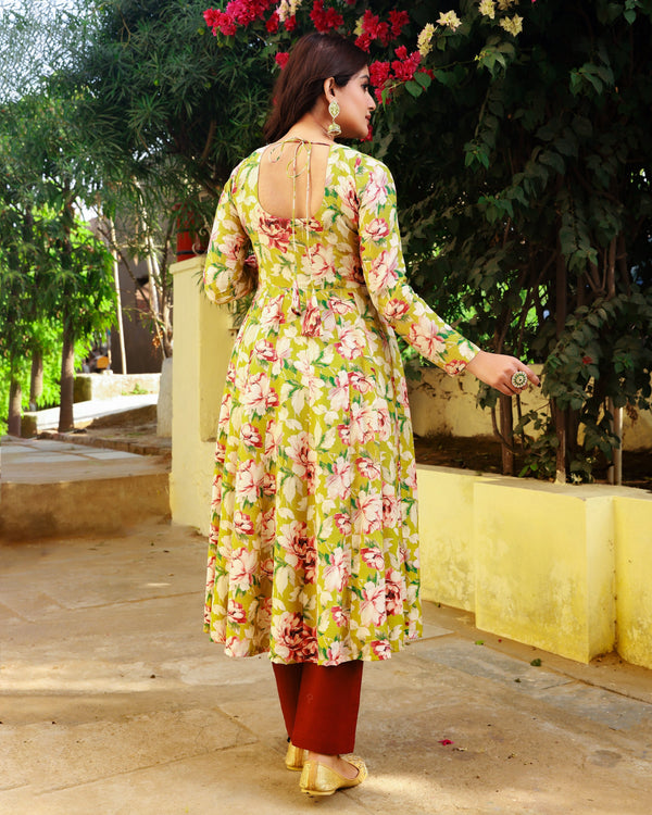 Gulnoor Olive Green Embroidered Anarkali Kurta Pant Set