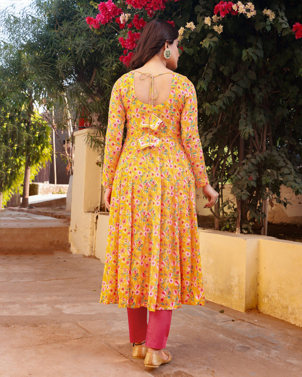 Yami Yellow Embroidered Anarkali Kurta Pant Set