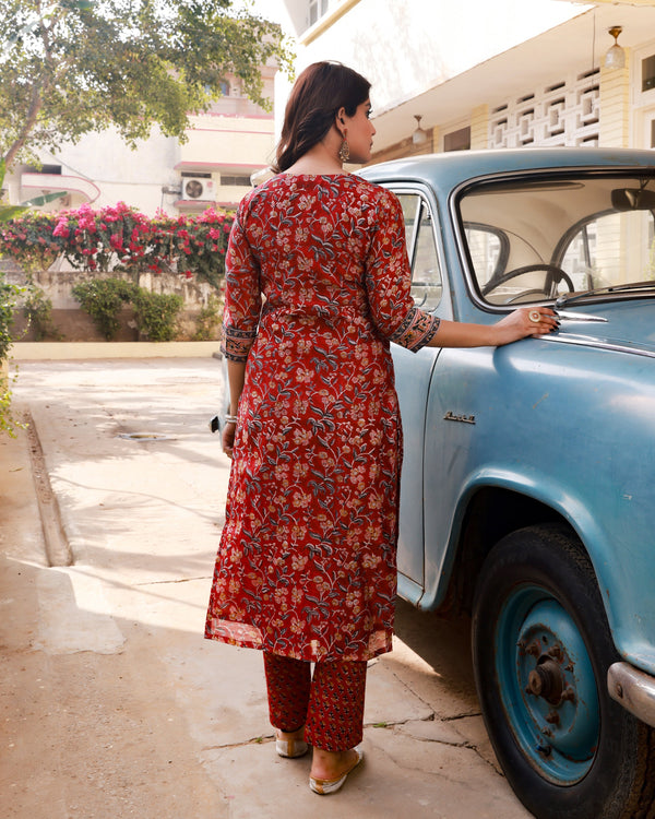 Rachida Red Embroidery Handblock Chanderi Kurta Pant Set