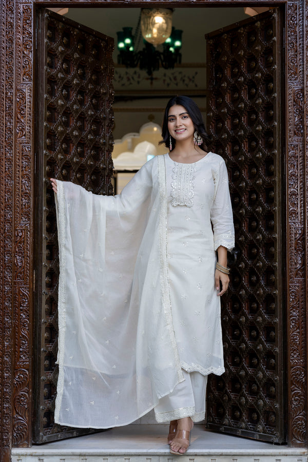 Dharini White Handwork Suit Set with Chiffon Dupatta