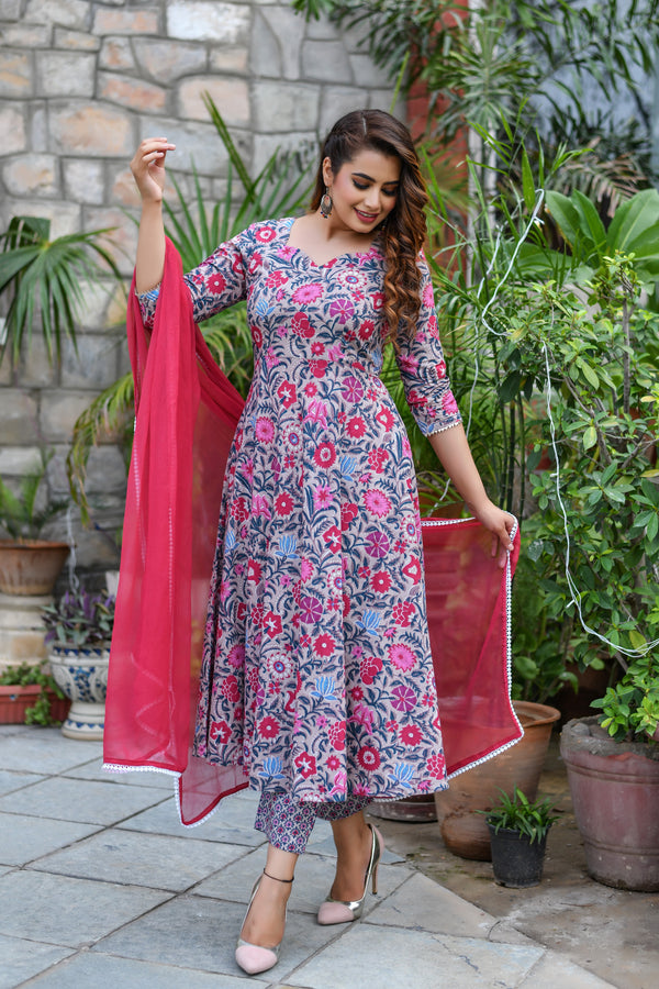 Flowery Blue Alchemy Anarkali Suit Set