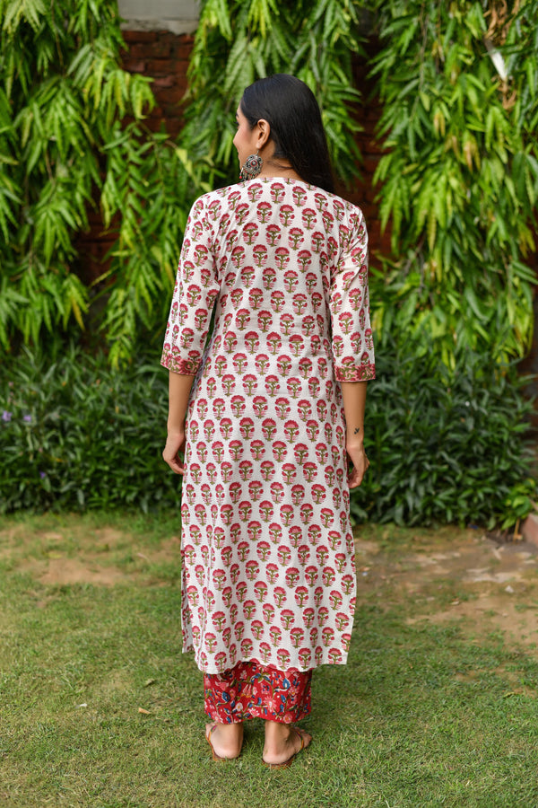 White and Red Handblock Kurta and Pant Only