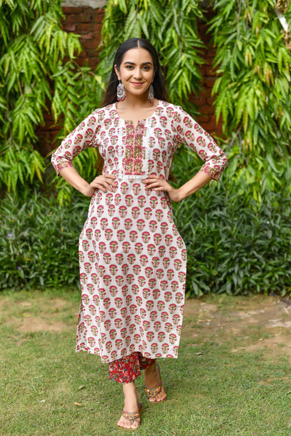 White and Red Handblock Kurta and Pant Only