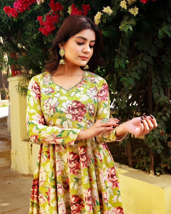 Gulnoor Olive Green Embroidered Anarkali Kurta Pant Set