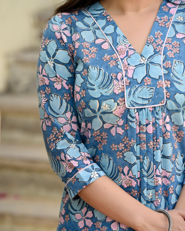 Badra Blue Floral Cotton Straight Kurta Pant Set