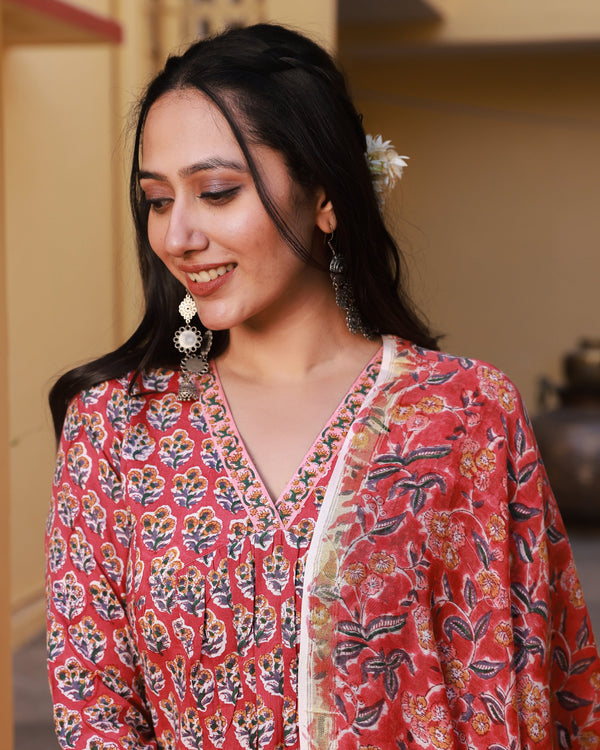 Raya Red Handblock Buti Print Cotton Straight Kurta Pant Set