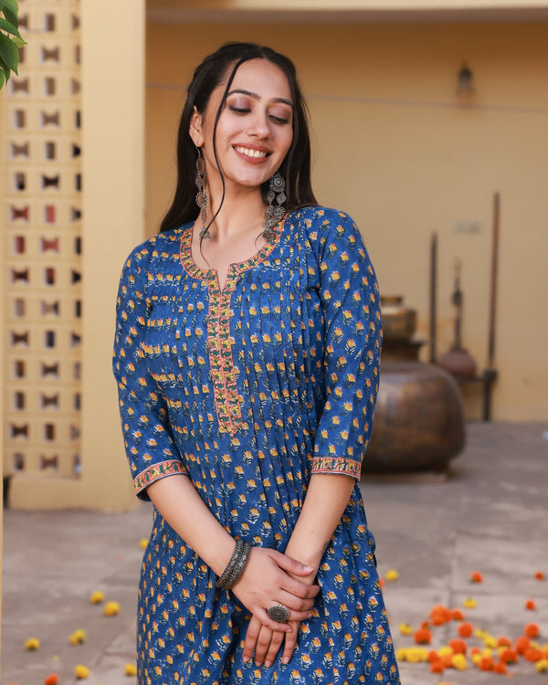 Badrah Blue Handblock Cotton Pleated Straight Kurta Pant Set