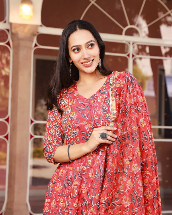Rashida Red Cotton Anarkali Suit Set