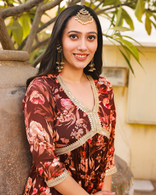 Beena Brown Floral Alia Cut Kurta Pant Set