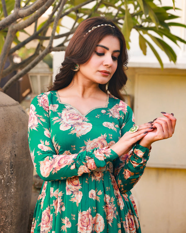 Gauri Green Embroidered Anarkali Kurta Pant Set