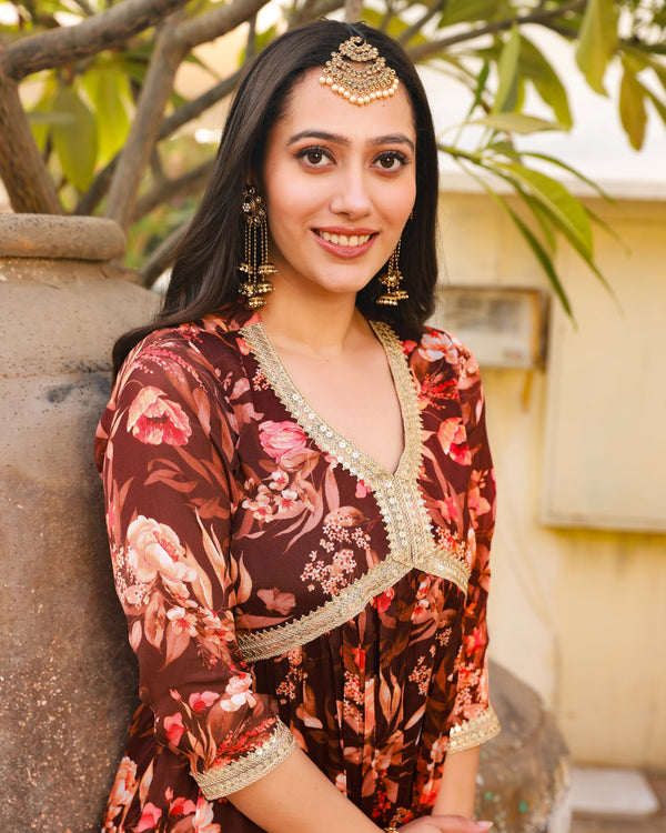 Beena Brown Floral Alia Cut Suit Set
