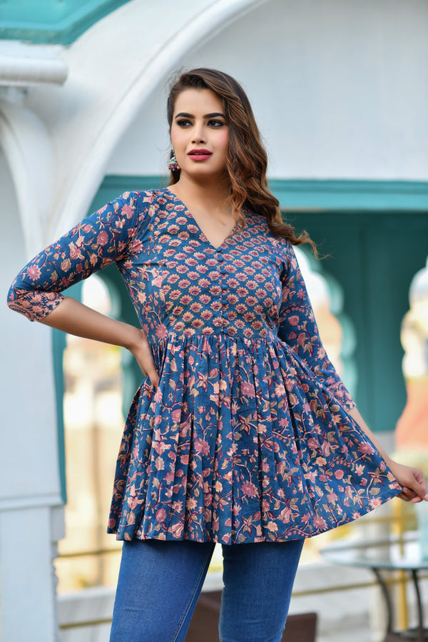 Royale Blue Handblock Printed Short Kurta