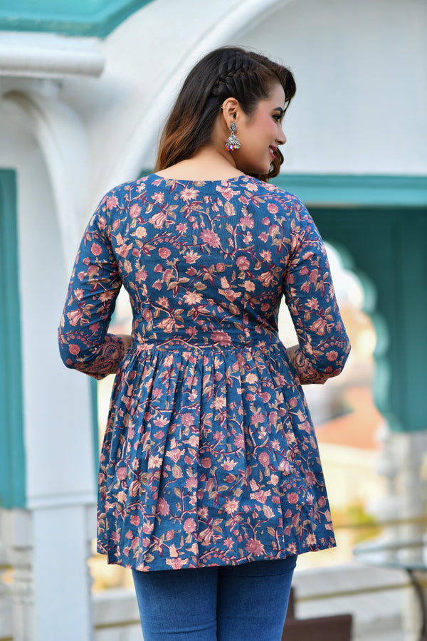 Royale Blue Handblock Printed Short Kurta