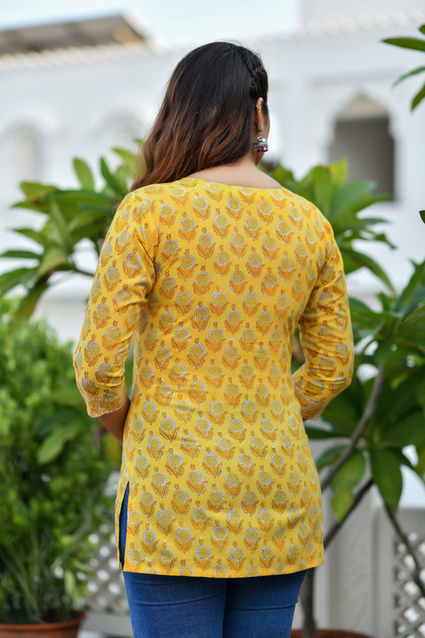 Lemon Yellow Handblock Printed Short Kurta
