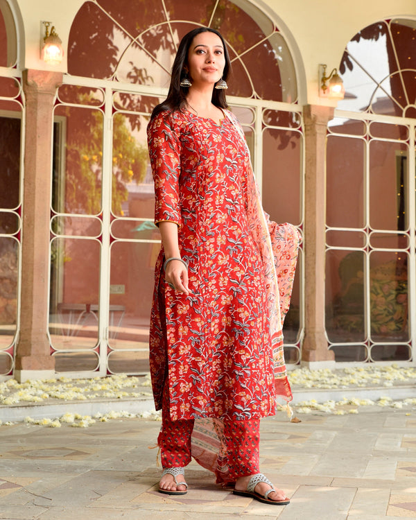 Roze Red Handblock Chanderi Straight Kurta Pant Set